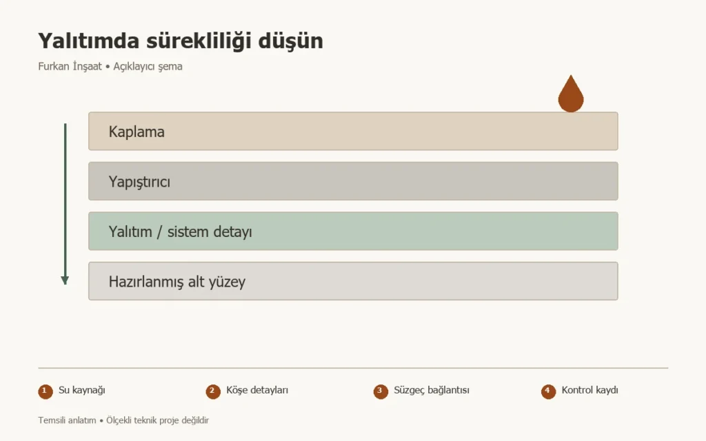 Banyo tadilatında su yalıtımı: Kaplama öncesi sorulacak sorular konusunda Su kaynağı, Köşe detayları, Süzgeç bağlantısı, Kontrol kaydı adımlarını gösteren temsili şema