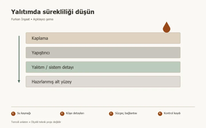 Banyo tadilatında su yalıtımı: Kaplama öncesi sorulacak sorular konusunda Su kaynağı, Köşe detayları, Süzgeç bağlantısı, Kontrol kaydı adımlarını gösteren temsili şema