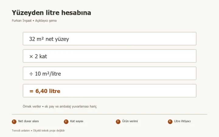 Bir oda için kaç litre boya gerekir? Yüzeyden ambalaja hesap konusunda Net duvar alanı, Kat sayısı, Ürün verimi, Litre ihtiyacı adımlarını gösteren temsili şema