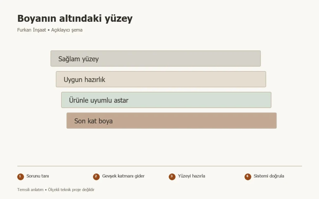 Boya öncesi duvar hazırlığı: Astar neden tek başına yeterli olmaz? konusunda Sorunu tanı, Gevşek katmanı gider, Yüzeyi hazırla, Sistemi doğrula adımlarını gösteren temsili şema