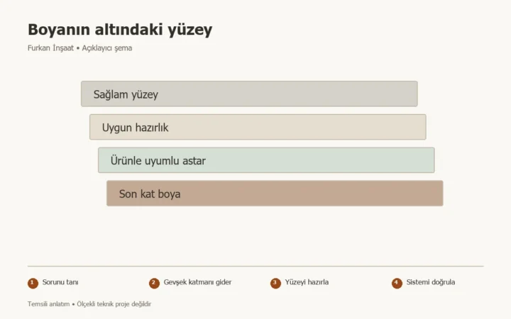 Boya öncesi duvar hazırlığı: Astar neden tek başına yeterli olmaz? konusunda Sorunu tanı, Gevşek katmanı gider, Yüzeyi hazırla, Sistemi doğrula adımlarını gösteren temsili şema