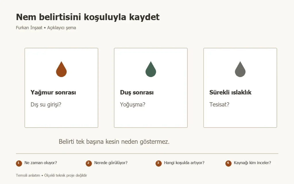 Rutubet ve yoğuşma nasıl ayırt edilir? Önce gözlem, sonra çözüm konusunda Ne zaman oluyor?, Nerede görülüyor?, Hangi koşulda artıyor?, Kaynağı kim inceler? adımlarını gösteren temsili şema