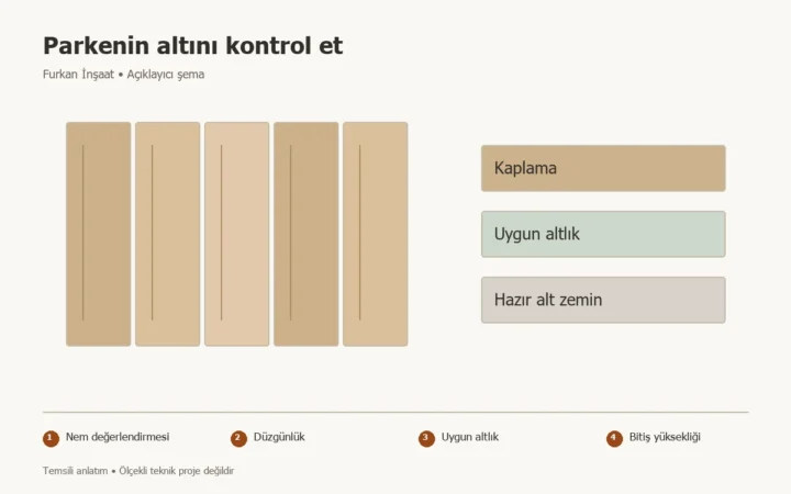 Laminat parke öncesi alt zemin ve kapı boşluğu kontrolü konusunda Nem değerlendirmesi, Düzgünlük, Uygun altlık, Bitiş yüksekliği adımlarını gösteren temsili şema