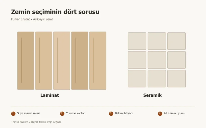 Laminat parke mi seramik mi? Odanın kullanımına göre karşılaştırma konusunda Suya maruz kalma, Yürüme konforu, Bakım ihtiyacı, Alt zemin uyumu adımlarını gösteren temsili şema