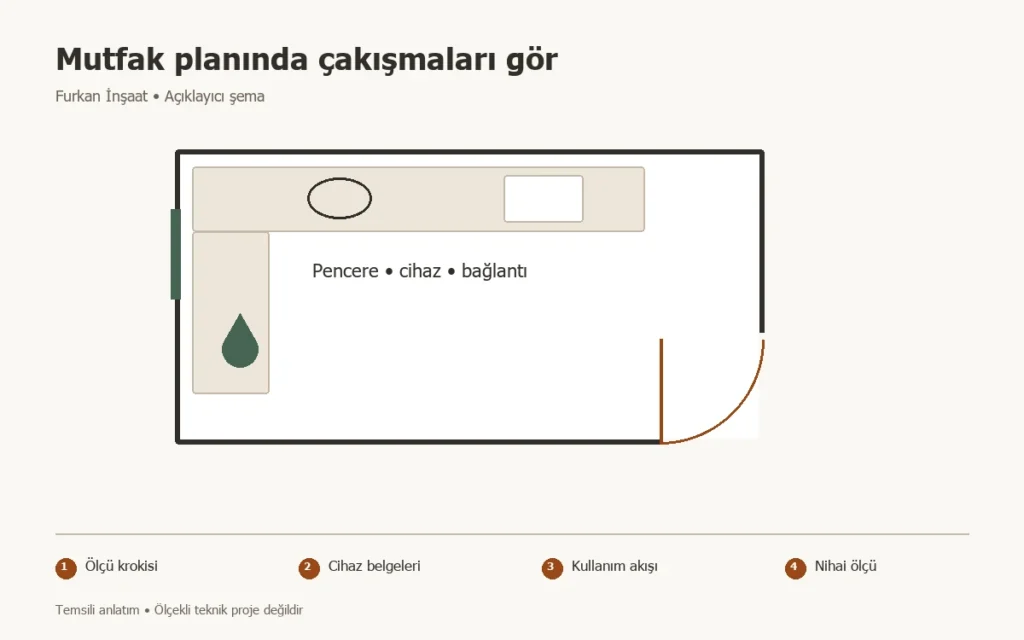 Mutfak tadilatında yerleşim planı: Ölçü, depolama ve cihaz uyumu konusunda Ölçü krokisi, Cihaz belgeleri, Kullanım akışı, Nihai ölçü adımlarını gösteren temsili şema