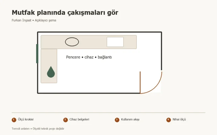 Mutfak tadilatında yerleşim planı: Ölçü, depolama ve cihaz uyumu konusunda Ölçü krokisi, Cihaz belgeleri, Kullanım akışı, Nihai ölçü adımlarını gösteren temsili şema
