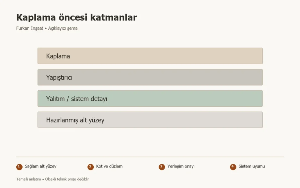 Seramik döşenmeden önce hangi kontroller yapılmalı? konusunda Sağlam alt yüzey, Kot ve düzlem, Yerleşim onayı, Sistem uyumu adımlarını gösteren temsili şema