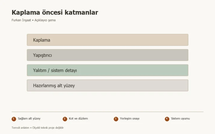 Seramik döşenmeden önce hangi kontroller yapılmalı? konusunda Sağlam alt yüzey, Kot ve düzlem, Yerleşim onayı, Sistem uyumu adımlarını gösteren temsili şema