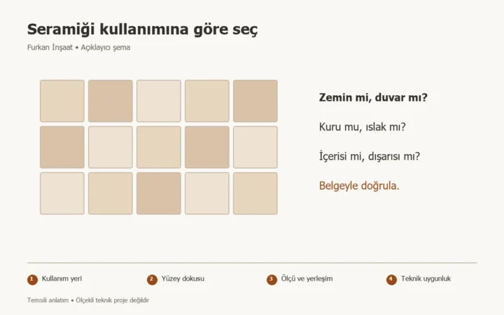 Seramik seçerken nelere bakılır? Mekana göre karar rehberi konusunda Kullanım yeri, Yüzey dokusu, Ölçü ve yerleşim, Teknik uygunluk adımlarını gösteren temsili şema