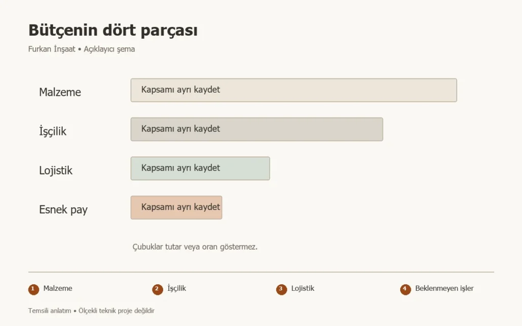 Tadilat bütçesi hazırlama: Görünmeyen giderleri hesaba katın konusunda Malzeme, İşçilik, Lojistik, Beklenmeyen işler adımlarını gösteren temsili şema