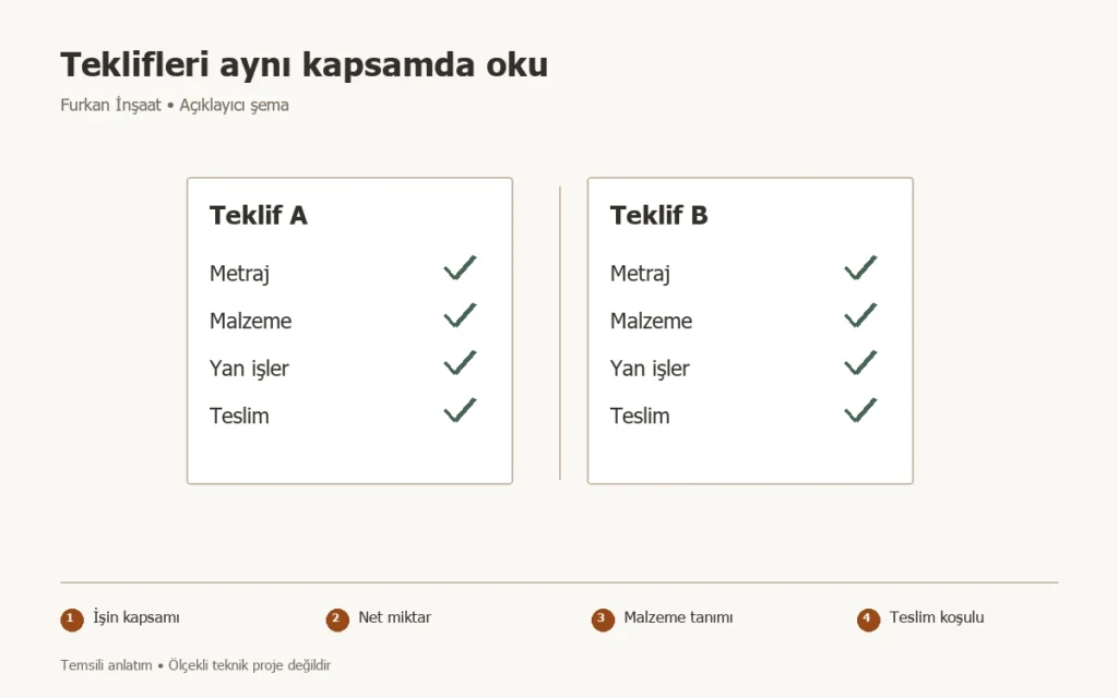 Tadilat teklifleri nasıl karşılaştırılır? Aynı işi aynı kapsamda ölçün konusunda İşin kapsamı, Net miktar, Malzeme tanımı, Teslim koşulu adımlarını gösteren temsili şema