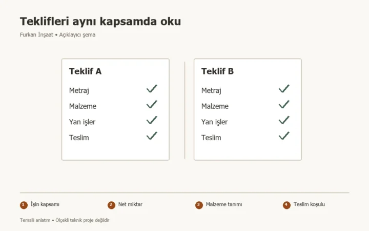 Tadilat teklifleri nasıl karşılaştırılır? Aynı işi aynı kapsamda ölçün konusunda İşin kapsamı, Net miktar, Malzeme tanımı, Teslim koşulu adımlarını gösteren temsili şema