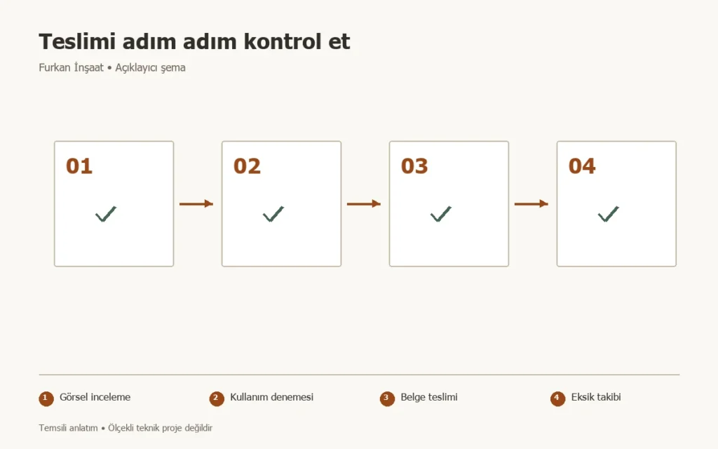 Tadilat teslim kontrol listesi: Son ödemeden önce neler incelenir? konusunda Görsel inceleme, Kullanım denemesi, Belge teslimi, Eksik takibi adımlarını gösteren temsili şema