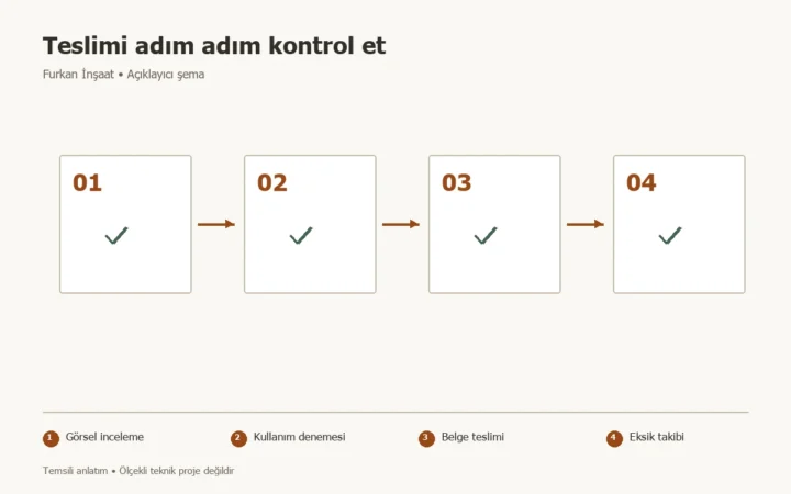 Tadilat teslim kontrol listesi: Son ödemeden önce neler incelenir? konusunda Görsel inceleme, Kullanım denemesi, Belge teslimi, Eksik takibi adımlarını gösteren temsili şema